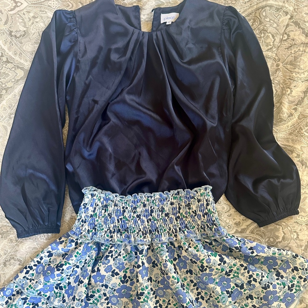 Girls Pleat Collection: Scottie Skirt 8, Satin Wren Top 8, Riley Sweatshirt 7